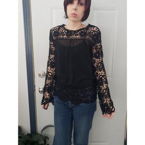 Black Crochet Sheer Top‎
